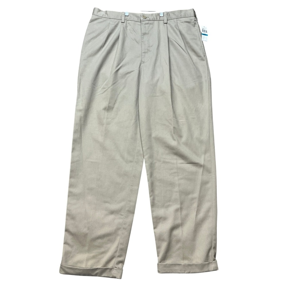 IZOD American Chino Pants Mens 36x32 Khaki Straight Leg Double Pleated Twill NEW